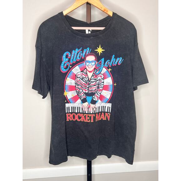 Elton John Rocket Man Rhinestones Official Merch Tee Black Multi Women's Large - Picture 2 of 7
